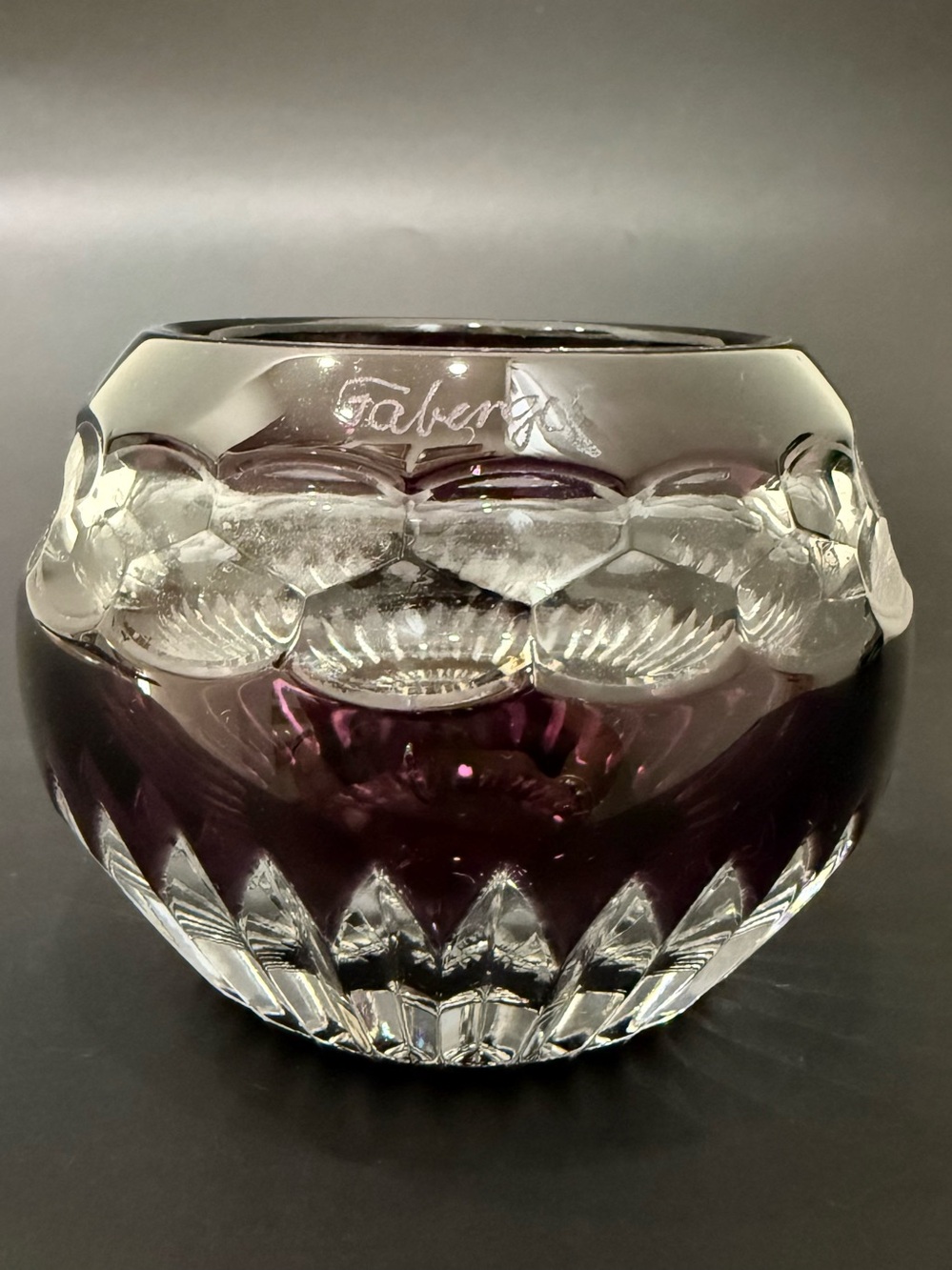 Vintage FABERGE Nadya Amethyst Cut to Clear Crystal 2.5” Votive Candle Holder